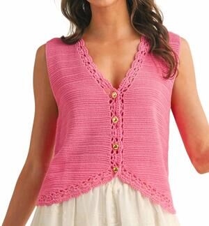 NEW ANNIEWEAR crochet trimmed button down sweater vest in dried rose